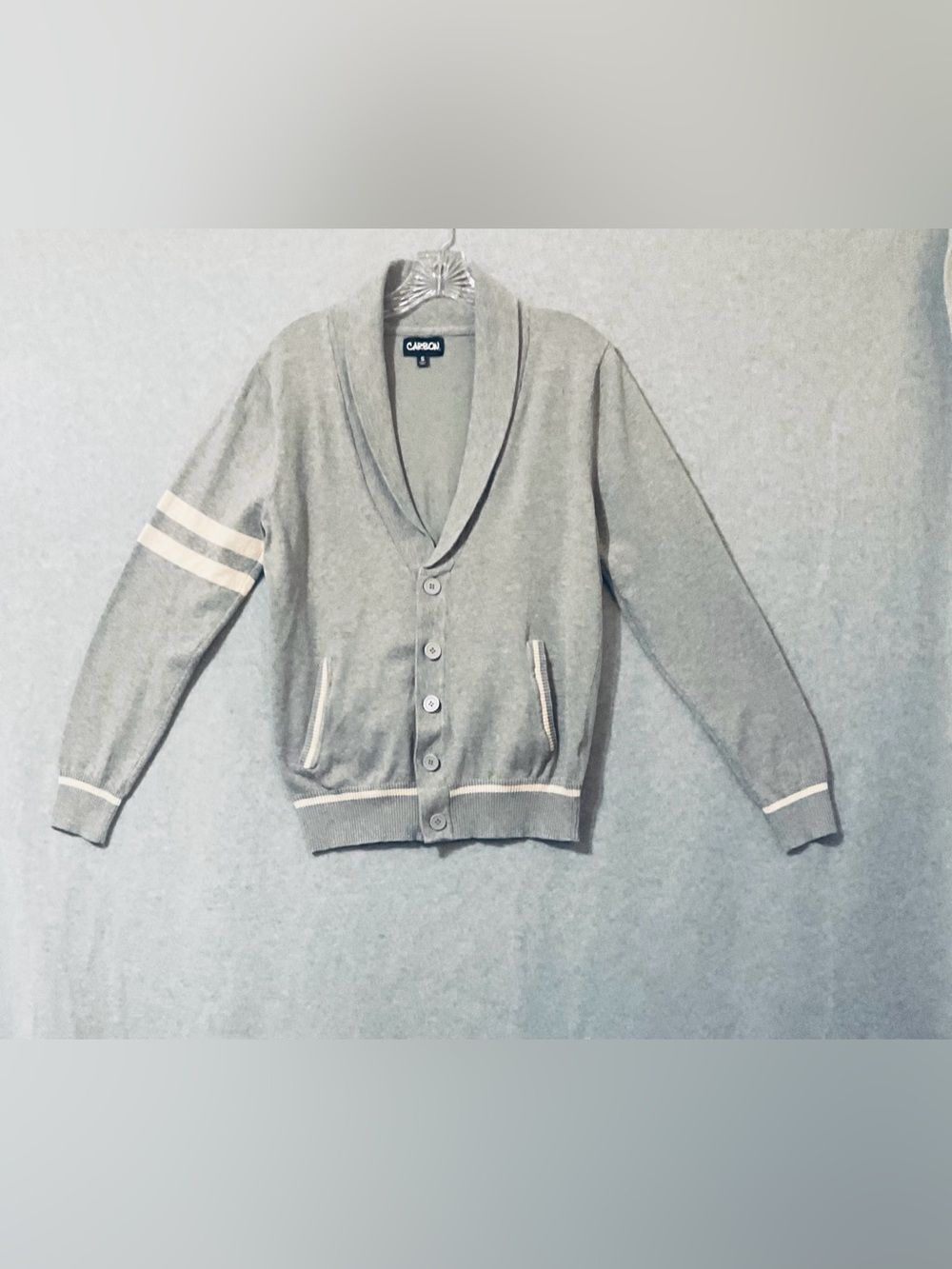 Carbon Light Gray Shawl Collar Button Cardigan with Contrast Trim SZ S